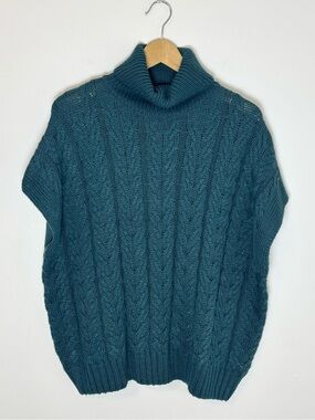Splendid Teal Cable Knit Short Sleeve Turtleneck Sweater Size M Soft Cozy